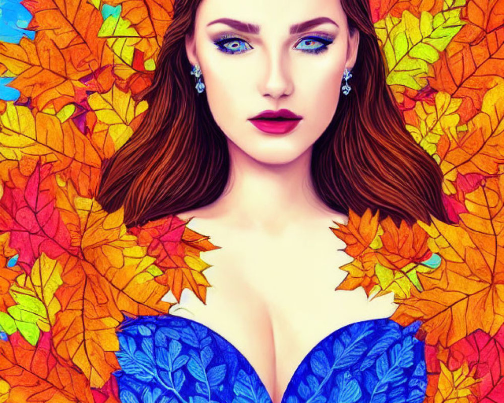 Colorful woman with autumn leaves in hair and crown, wearing blue leaf-patterned dress