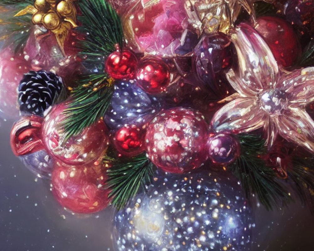 Colorful Christmas decorations: baubles, pine cones, berries, and pine branches, glowing with