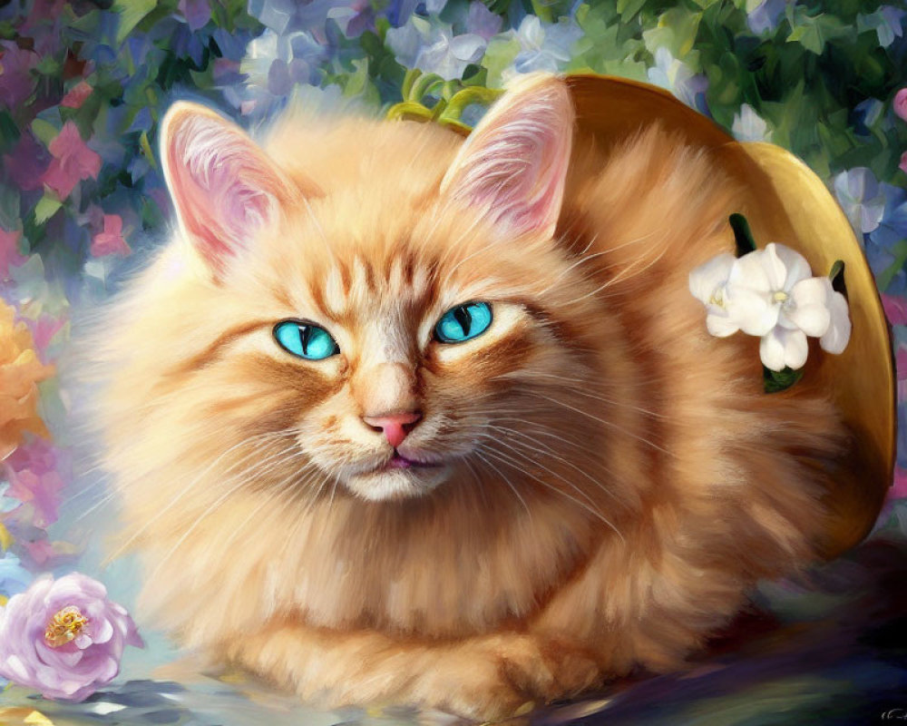 Fluffy Ginger Cat with Blue Eyes and White Flower on Colorful Floral Background