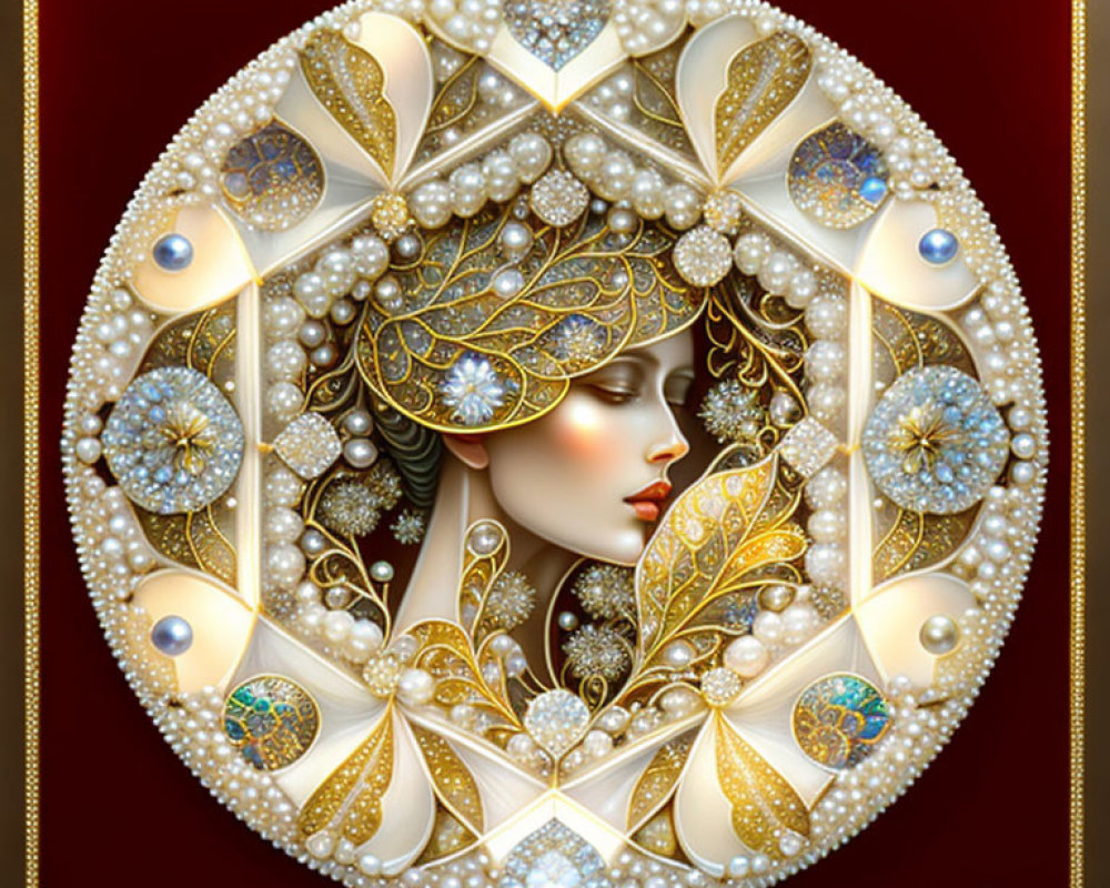 Woman's profile with ornate gold and pearl headdress on red and gold circular background