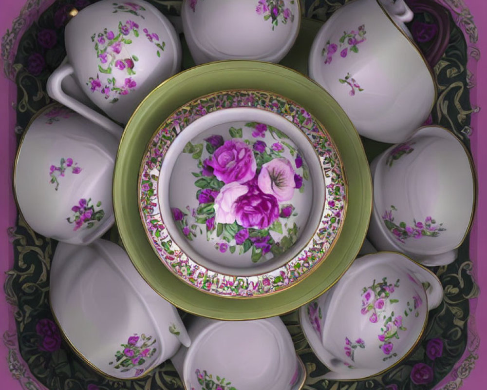 Porcelain Teacups and Saucers with Floral Patterns on Purple Background