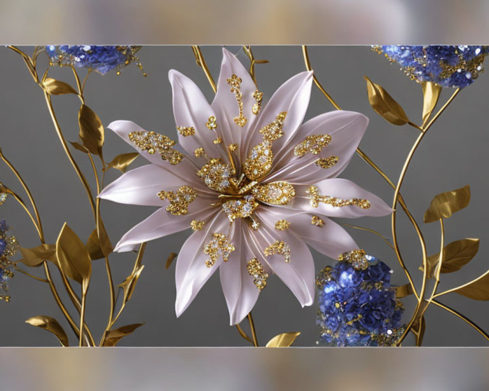 Ornate Flower Artwork with Gold Details and Blue Clusters