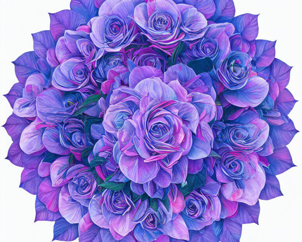 Symmetrical floral mandala artwork with purple and blue roses