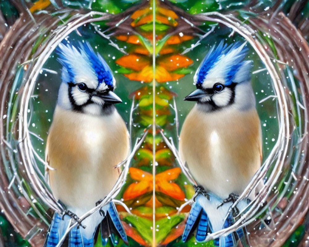 Colorful Bird with Blue Crest on Twig Against Green Leaves and Bokeh