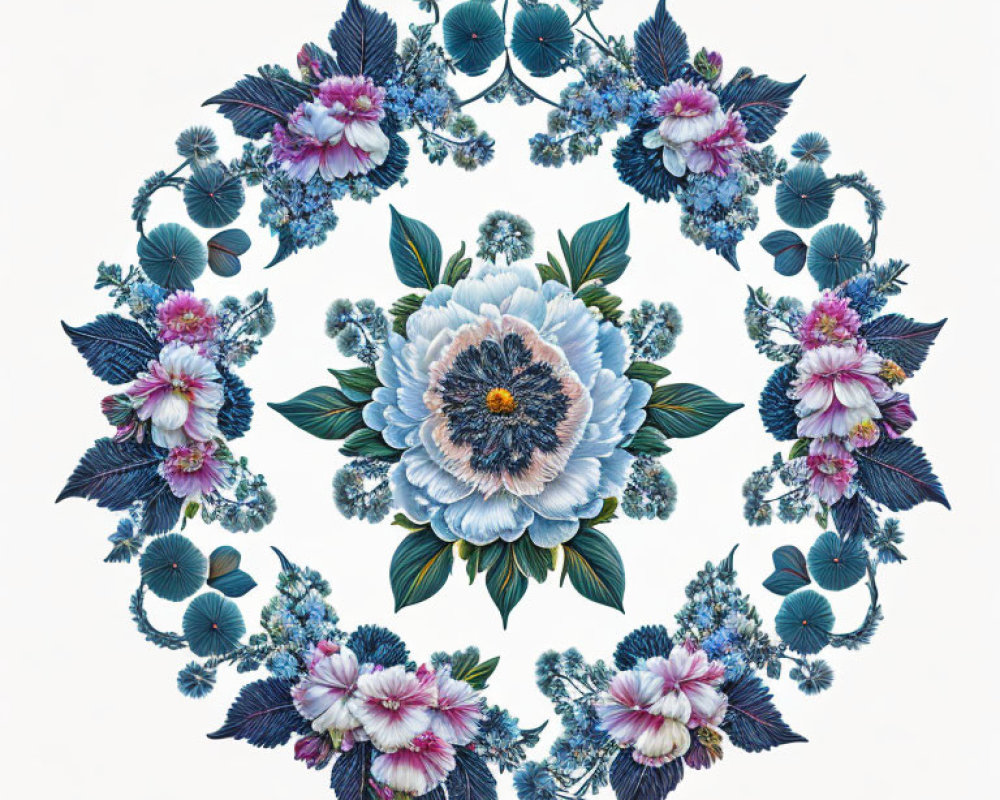 Symmetrical Blue and Pink Floral Mandala on White Background