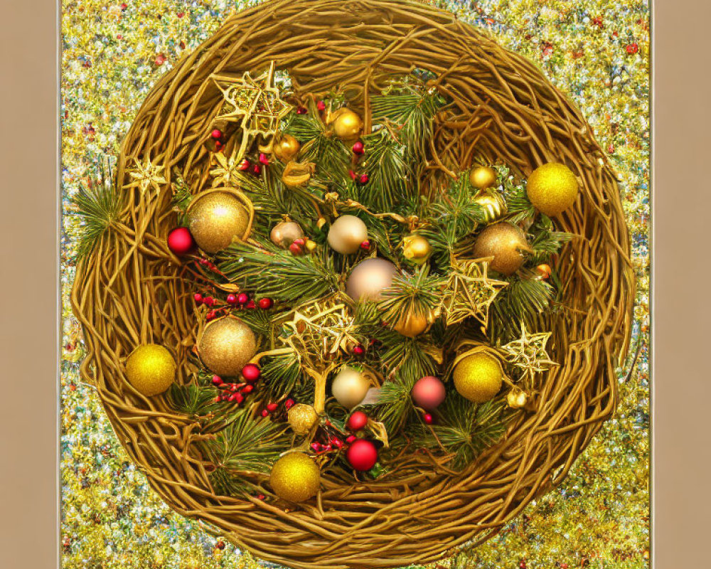 Golden Ornament Christmas Wreath with Pine and Berries