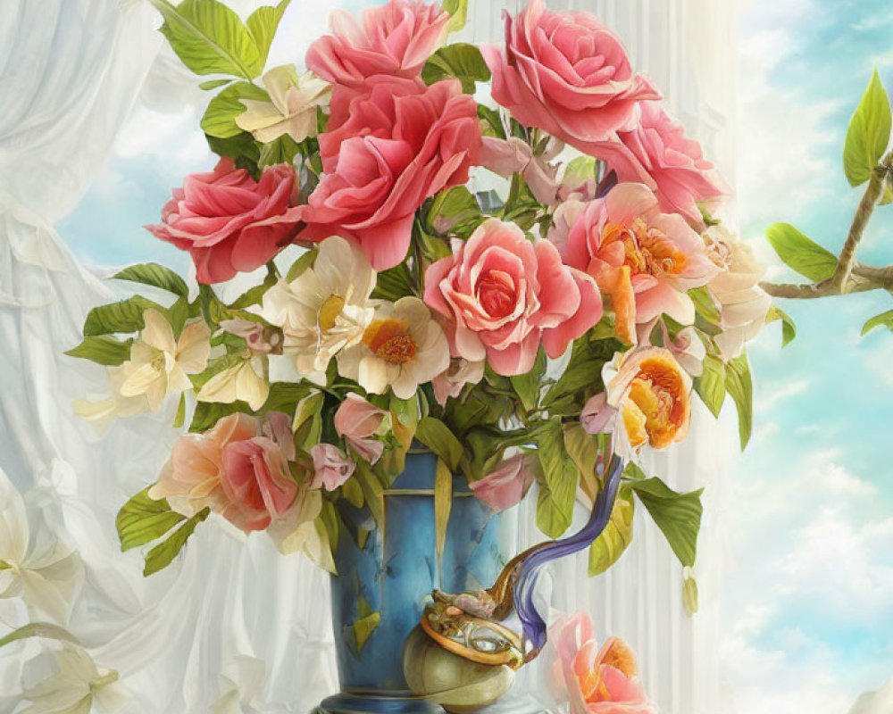 Pink and White Floral Bouquet in Blue Vase on Soft White Drapery Background