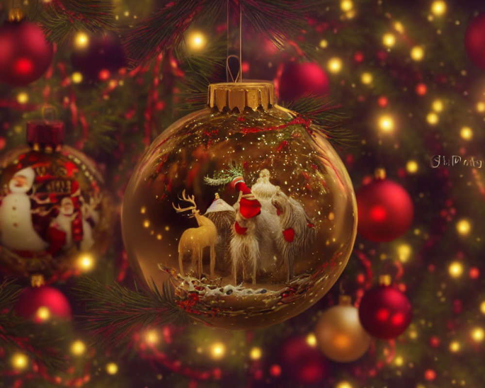 Festive Christmas ornament with reindeer and Santa Claus