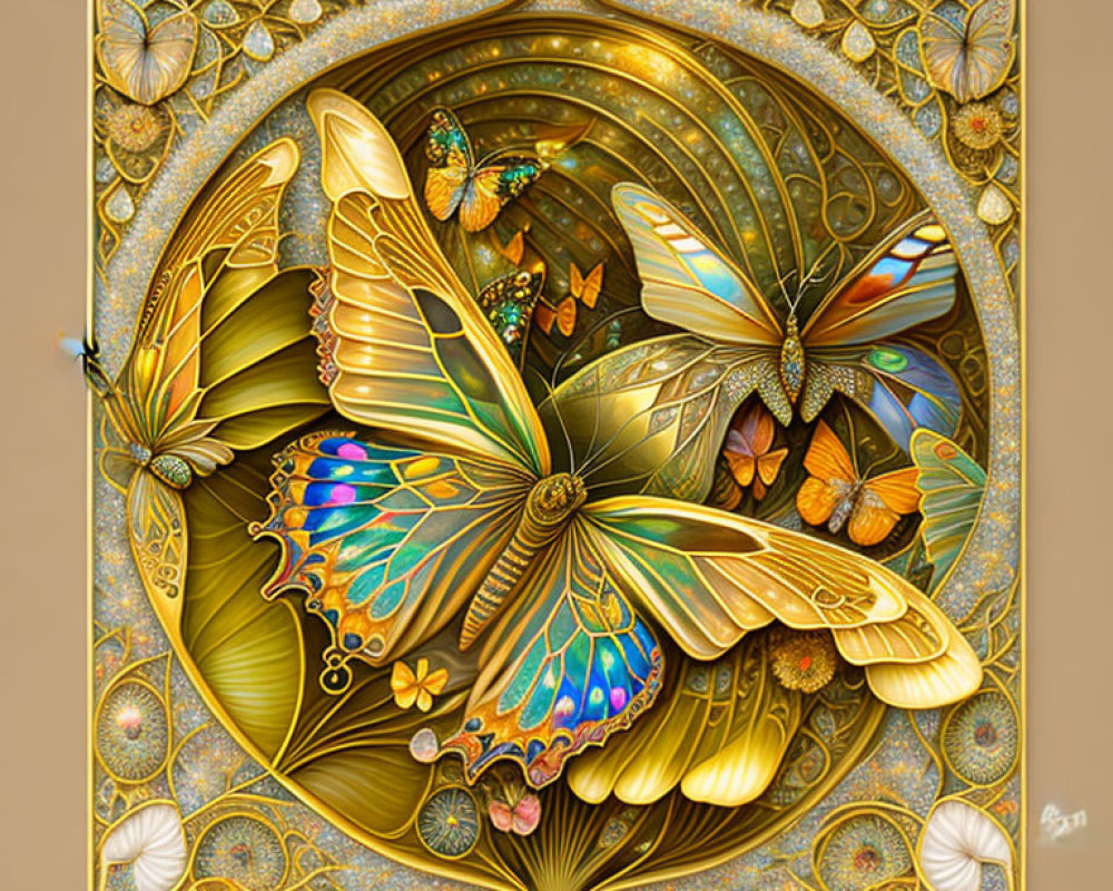 Intricate golden-framed butterfly artwork with colorful details