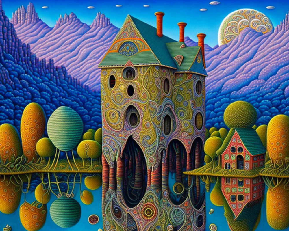 Surrealist painting: Whimsical landscape with egg-shaped houses and purple mountains