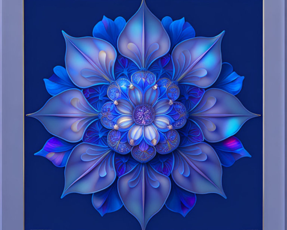 Symmetrical Blue Floral Mandala Artwork with Shimmering Light Effects