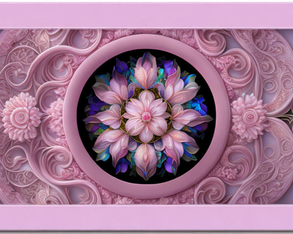 Pink and Purple Mandala with Floral Patterns in Baroque Frame