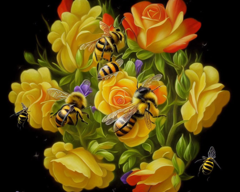 Colorful Bees and Roses Illustration on Black Background