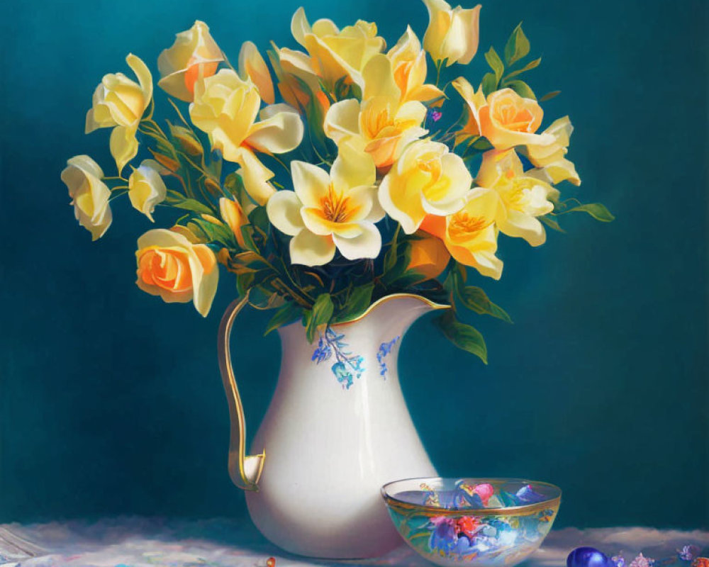 Vibrant Yellow Flowers in White Vase with Floral Patterns and Multicolored Ornaments on Decor