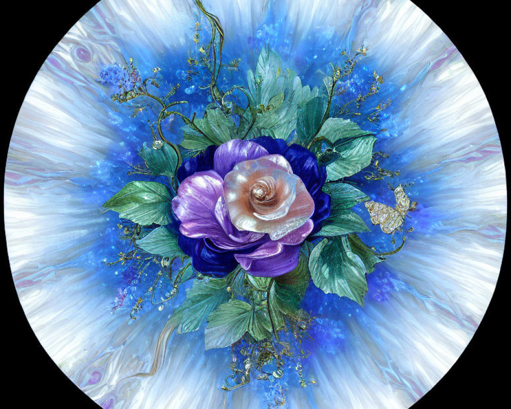 Circular purple flower artwork with pearl center and golden accents on blue and white background.