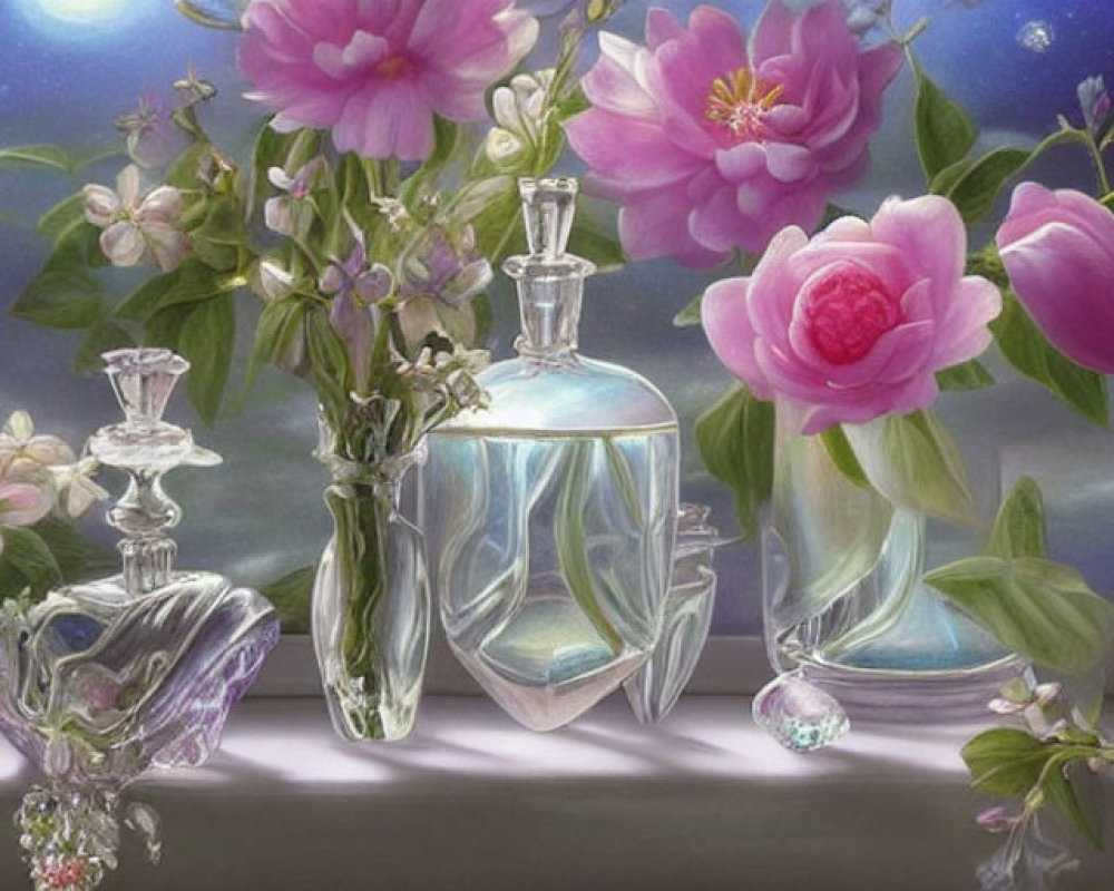 Pink flowers, perfume bottles, and candle holder in moonlit still life