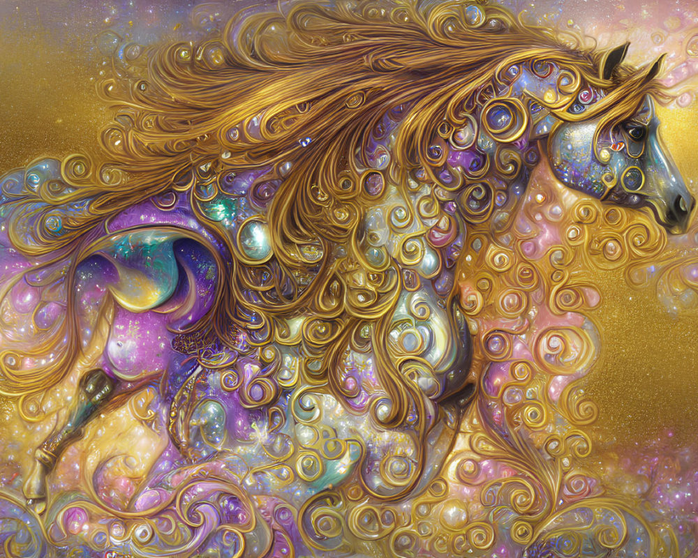 Colorful horse with golden mane in cosmic setting