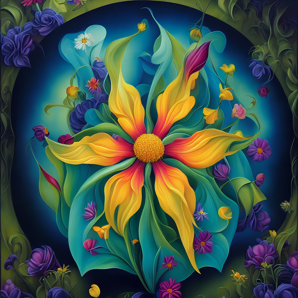 Colorful Stylized Painting of Yellow Bloom Among Flowers