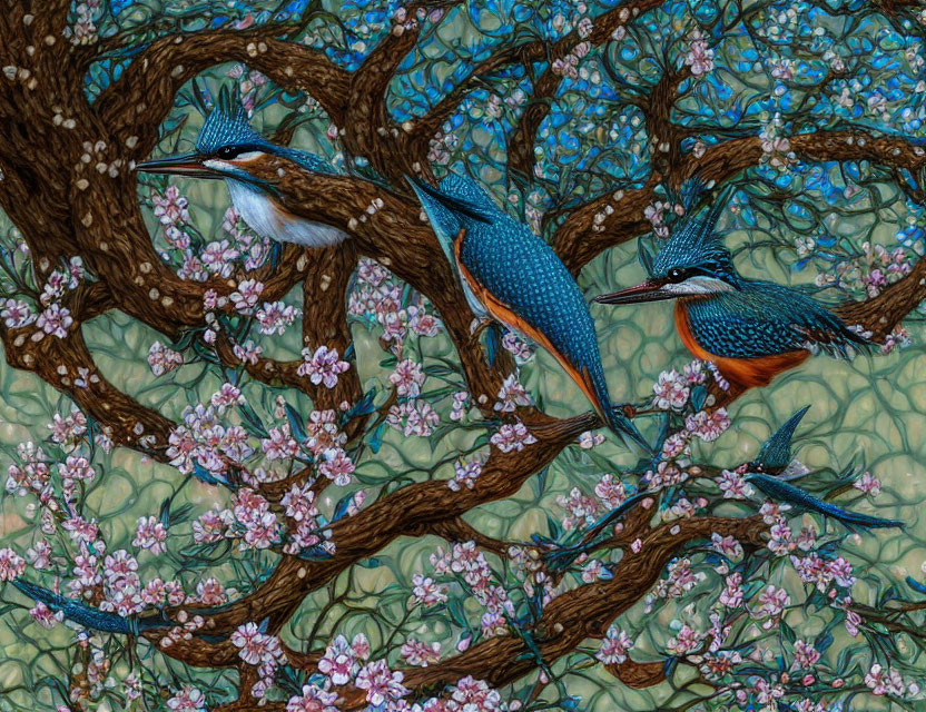 Vibrant kingfishers on blossoming tree branches in detailed backdrop