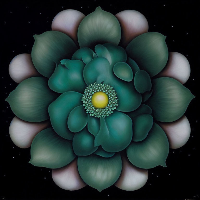 Symmetrical Green Flower Art on Starry Black Background