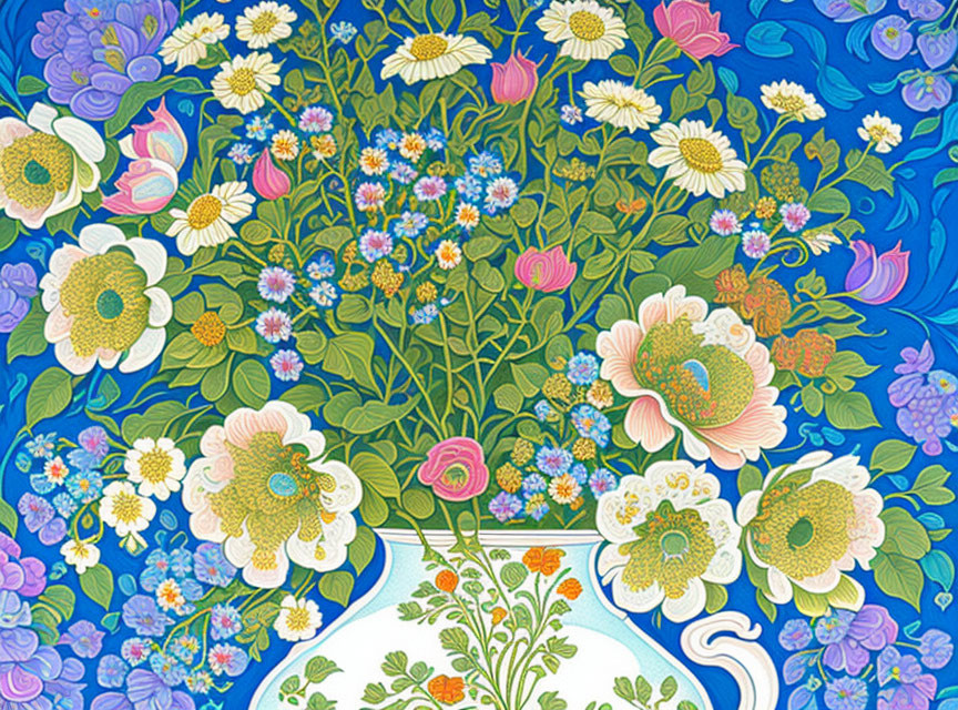 Colorful Flowers in Blue Vase Illustration on Blue Background