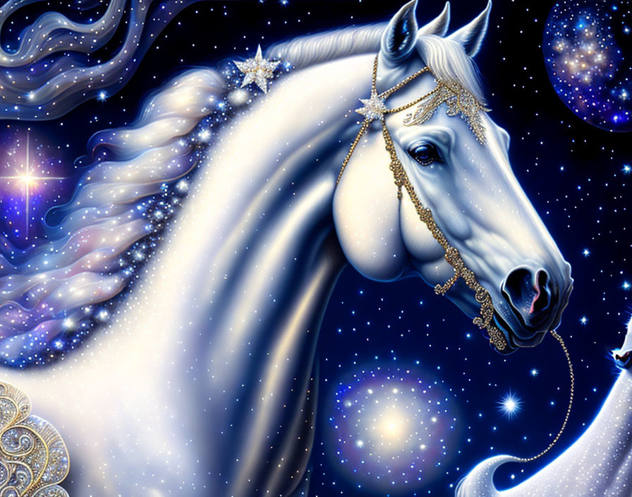 White Unicorn with Flowing Mane in Starry Night Sky and Cosmic Jewelry