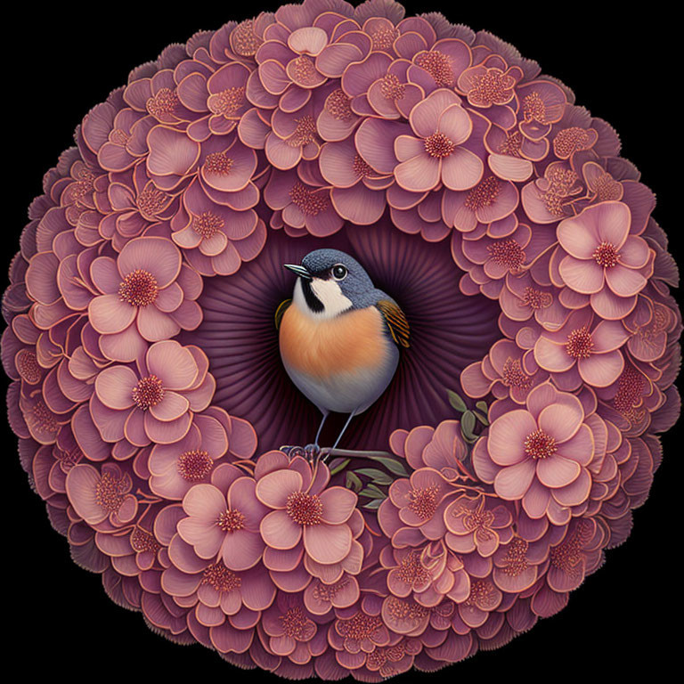 Colorful bird surrounded by purple flowers on black background