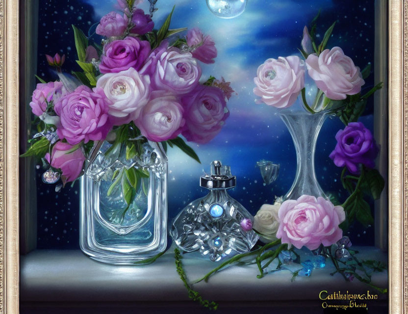 Pink and White Roses Bouquet with Perfume Bottle and Crystal Ornaments on Starry Night Sky Background