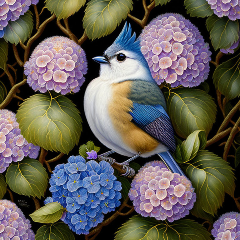 Colorful bird with blue crest on branch amidst hydrangea blooms.