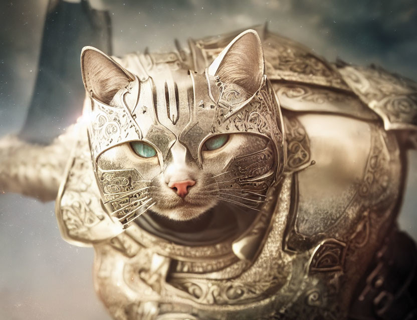 Digital Artwork: Cat with Blue Eyes in Ornate Metallic Armor