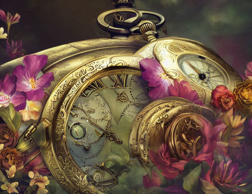 Golden pocket watch with vibrant flowers on dark background