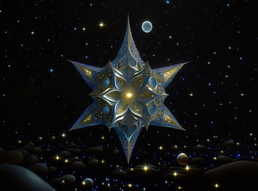 Blue and Gold Ornate Star in Dark Space with Moon and Orbs