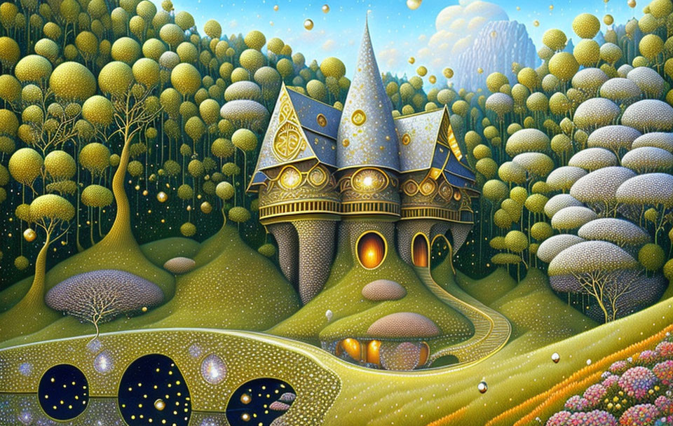 Whimsical fairytale castle in vibrant landscape with glowing orbs