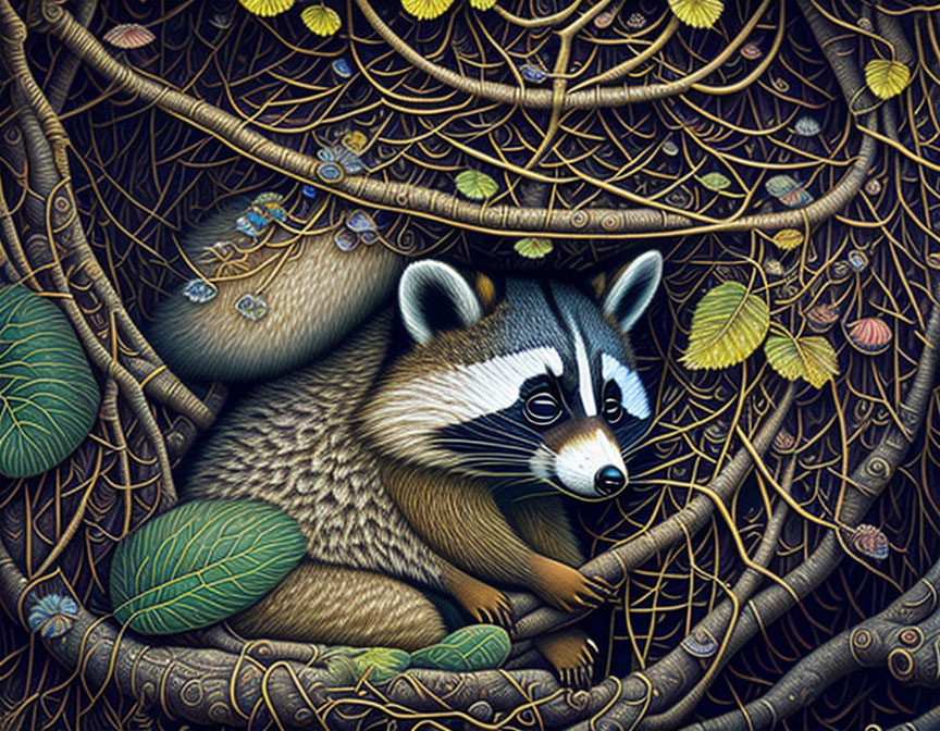 Detailed Raccoon Illustration in Branch Labyrinth