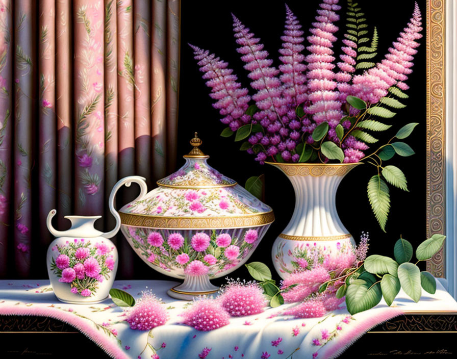 Floral-patterned teapot and cup on tablecloth with pink flowers and curtains