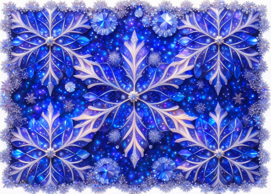 Symmetrical blue and purple snowflake designs with glittering accents