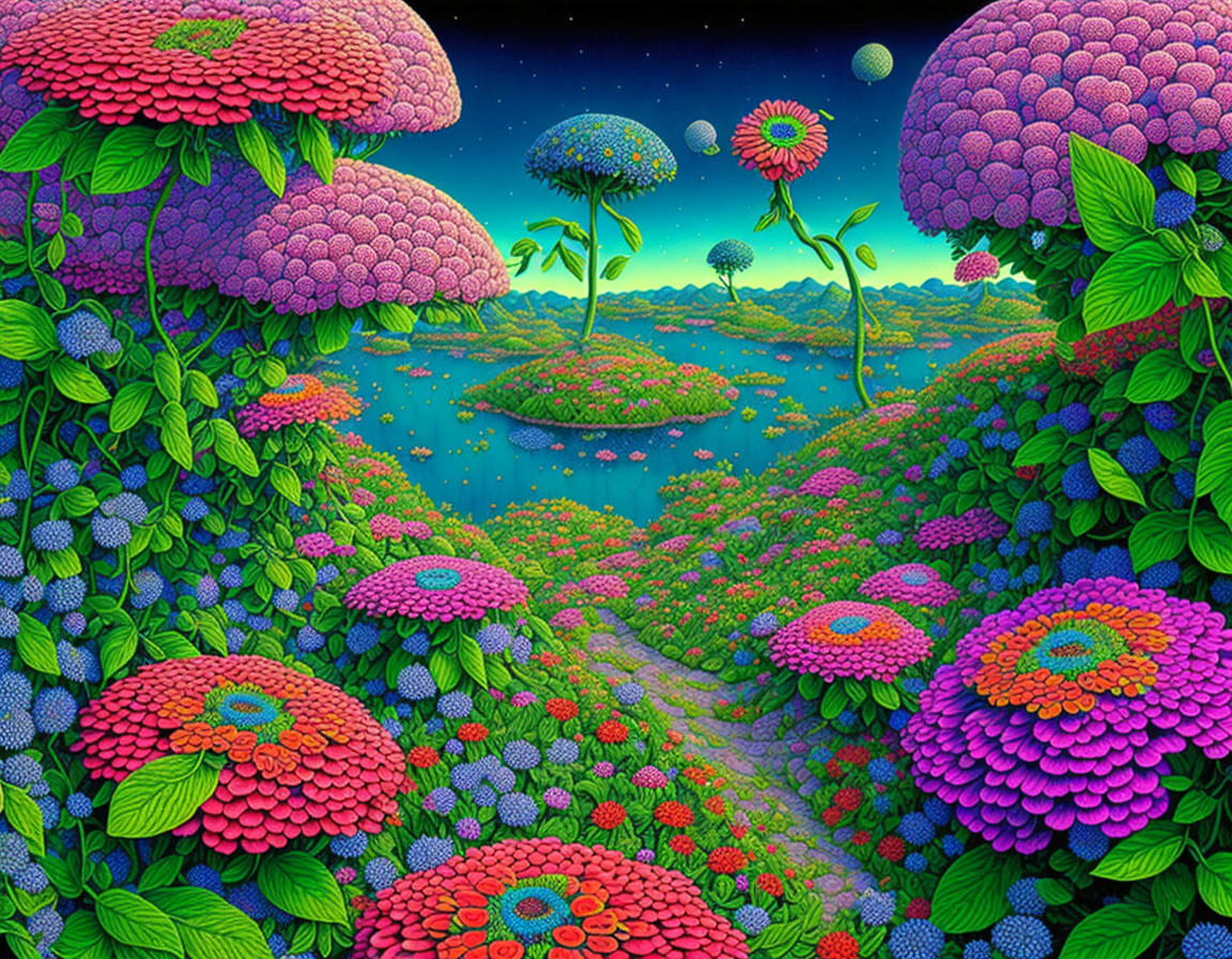 Colorful oversized flora in fantasy landscape with starry sky and serene river