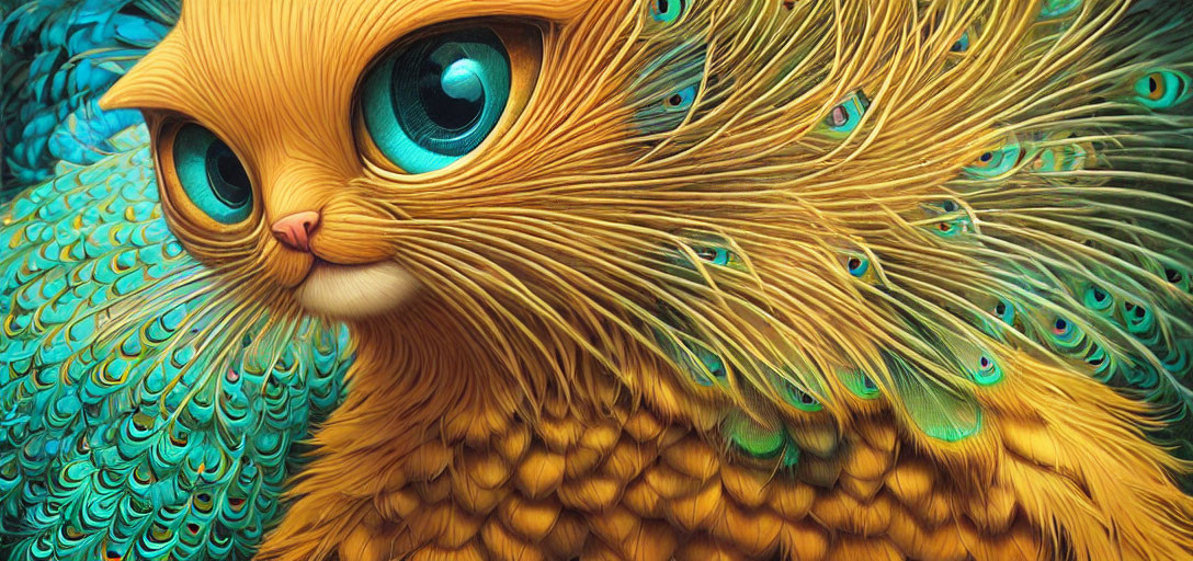 Colorful Cat Face with Peacock Feathers and Turquoise Eyes