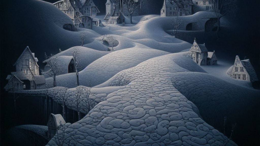 Snow-covered village at night: serene winter landscape