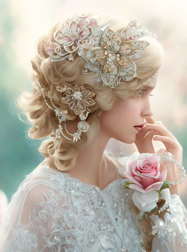 Sophisticated woman with ornate updo and lace gown, holding a rose in dreamy setting