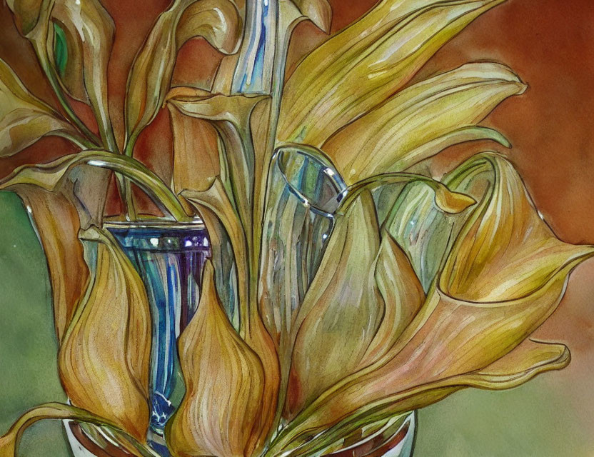 Yellow lilies in blue vase watercolor painting with delicate lines and warm tones