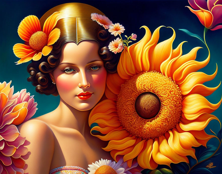 Art Deco-inspired portrait of woman with flowers in hair and sunflowers in glossy style