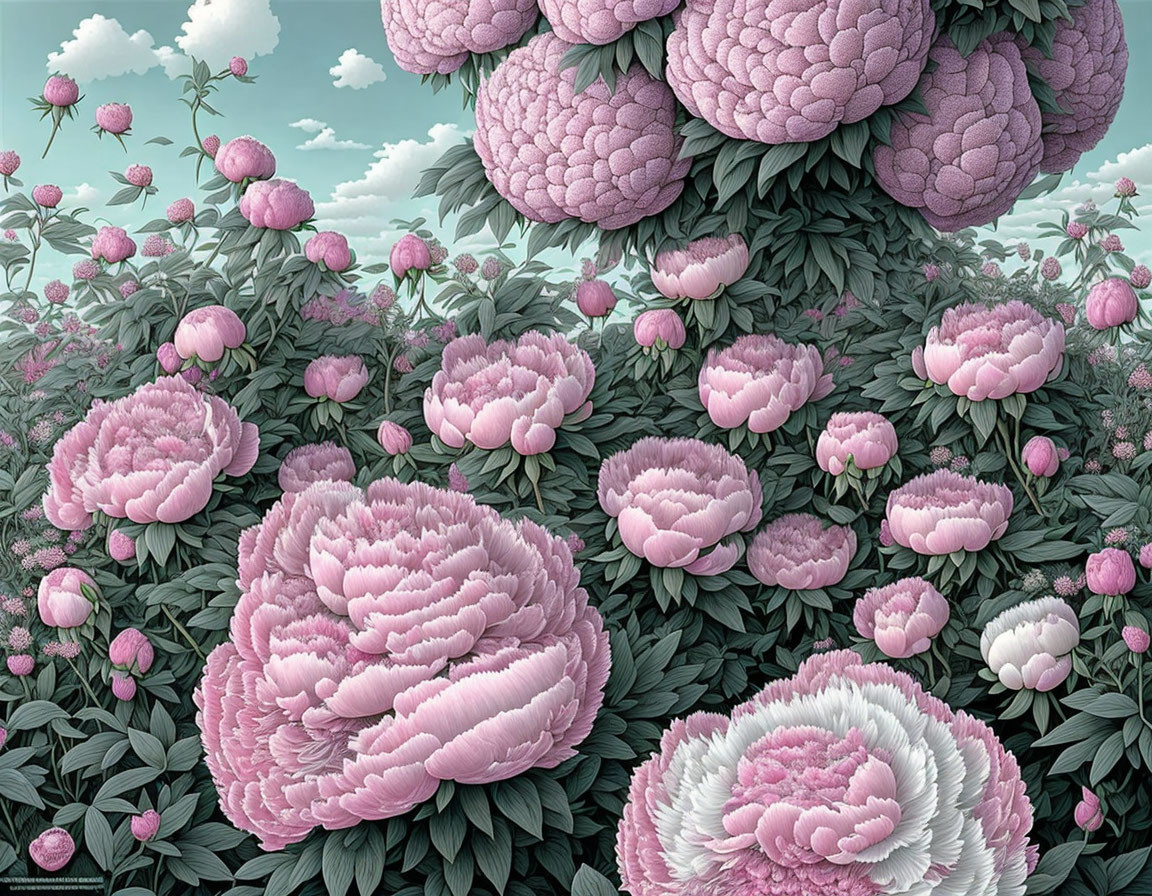 Whimsical landscape featuring oversized pink peony flowers