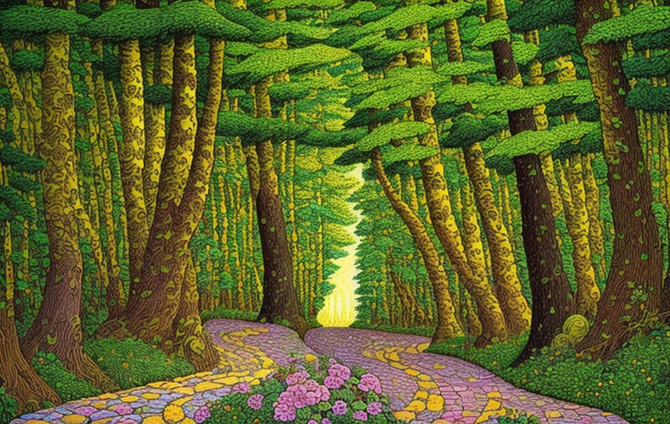 Lush forest illustration with winding path & vibrant greens