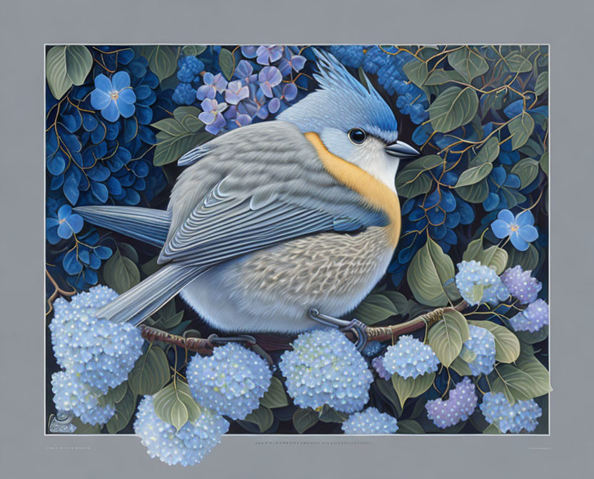 Vibrant bird on branch surrounded by blue and white flowers