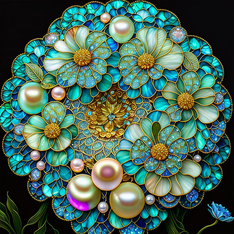 Symmetrical jewel-toned flower and pearl digital art on dark background