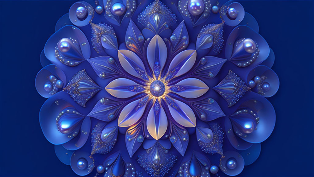 Symmetrical Blue Mandala with Layered Petals and Glowing Orbs