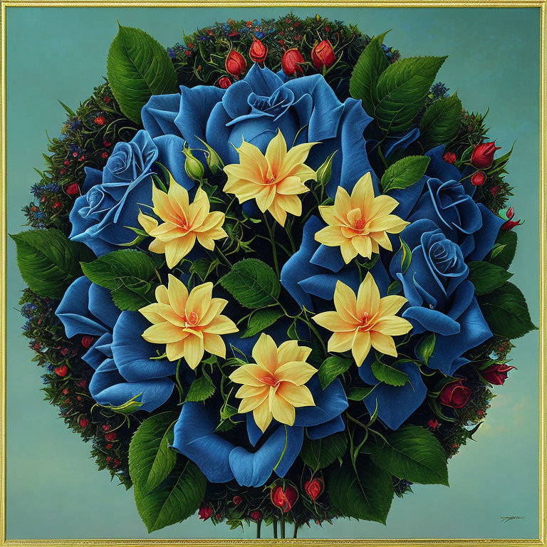 Circular bouquet painting: large blue roses, yellow lilies, red buds on pale teal background in golden