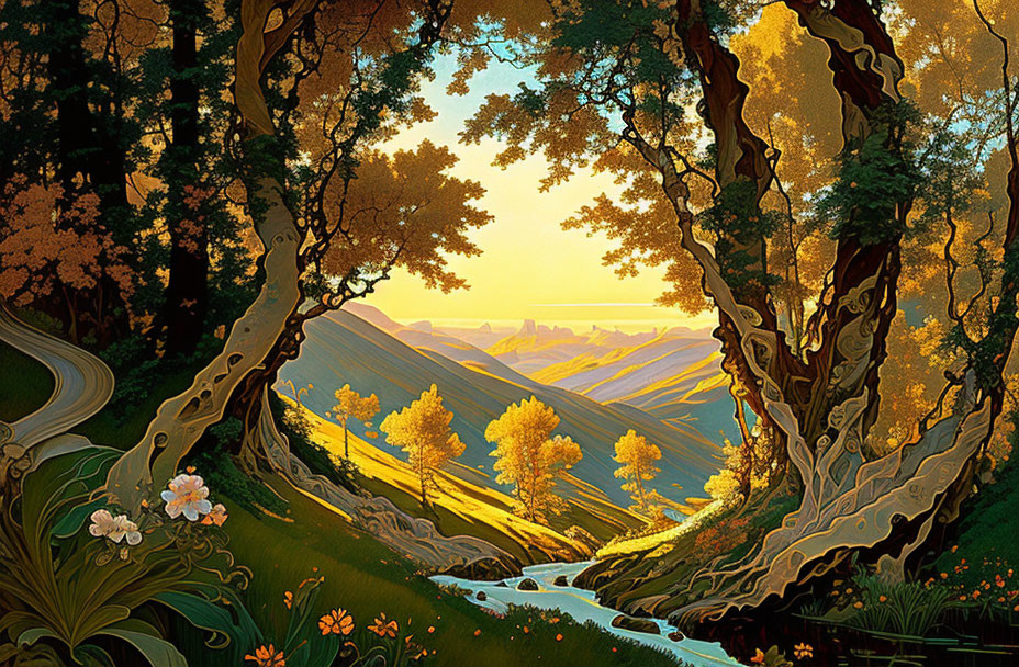 Vibrant digital sunset view through forest with stream and hills