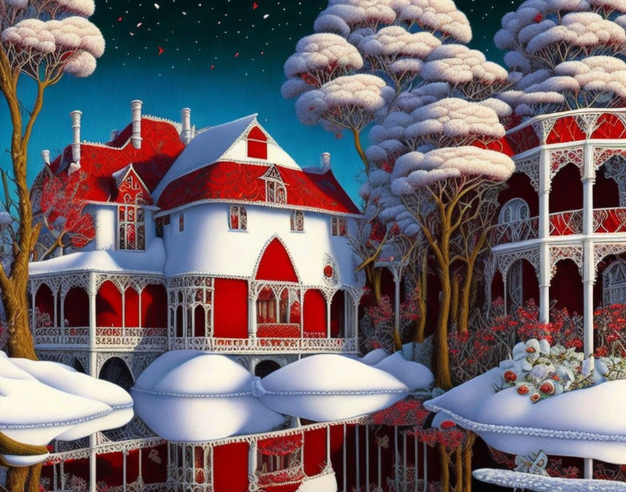 Victorian-style houses in snowy night scene